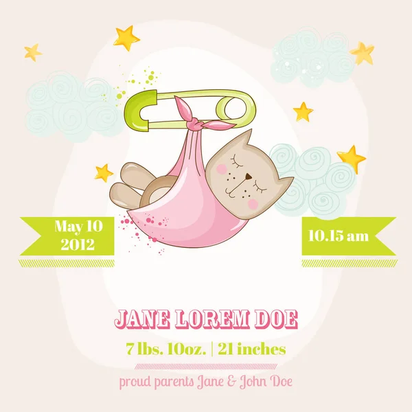 Baby meisje kat slaapzak - Baby Shower of aankomst Card - in vector — Stockvector