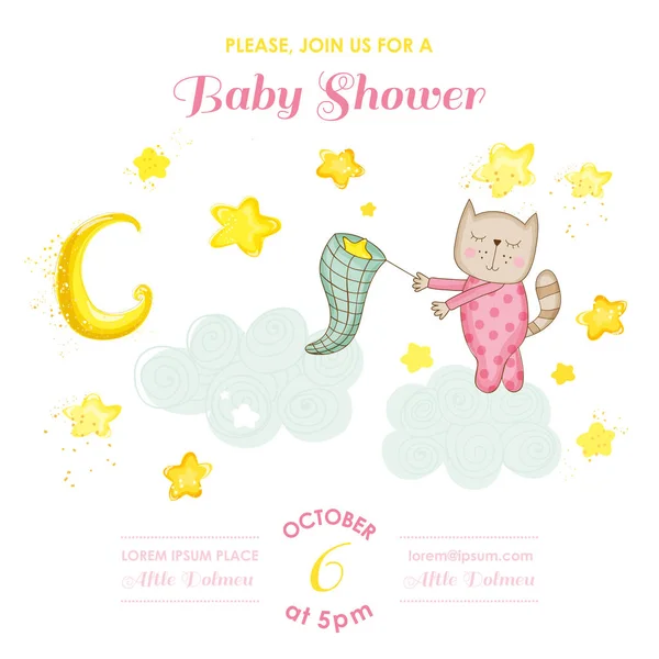 Baby Shower or Arrival Card - Baby Cat Girl Catching Stars - in vector — Stock Vector
