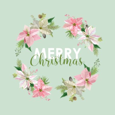 Yeni yıl ve Noel kartı - Vintage çiçekler Atatürk çiçeği pembe arka plan - vektör