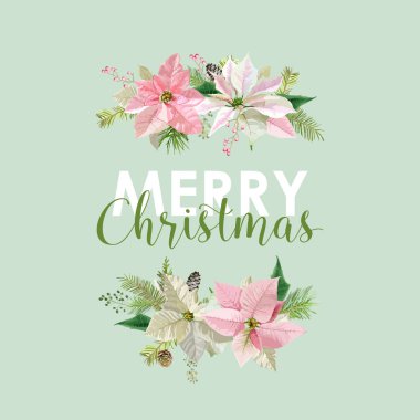 Yeni yıl ve Noel kartı - Vintage çiçekler Atatürk çiçeği pembe arka plan - vektör