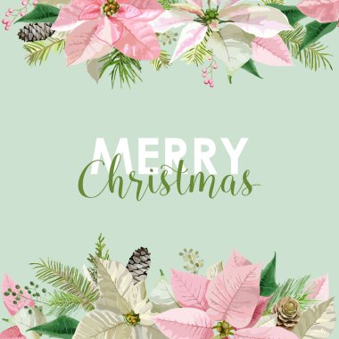 Yeni yıl ve Noel kartı - Vintage çiçekler Atatürk çiçeği pembe arka plan - vektör