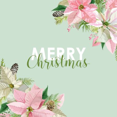 Yeni yıl ve Noel kartı - Vintage çiçekler Atatürk çiçeği pembe arka plan - vektör