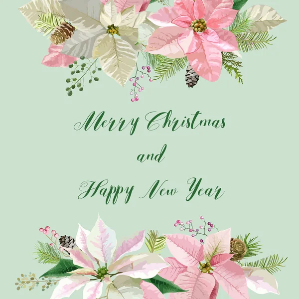 Tarjeta de Año Nuevo y Navidad - Flores Vintage Poinsettia Fondo Rosa - en Vector — Vector de stock