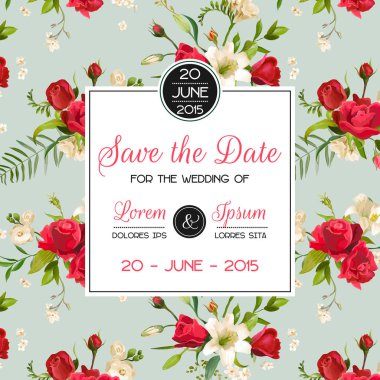 Daveti veya tebrik kartı düğün, bebek duş için. Vintage vektör Rose ve Lily Floral Tema