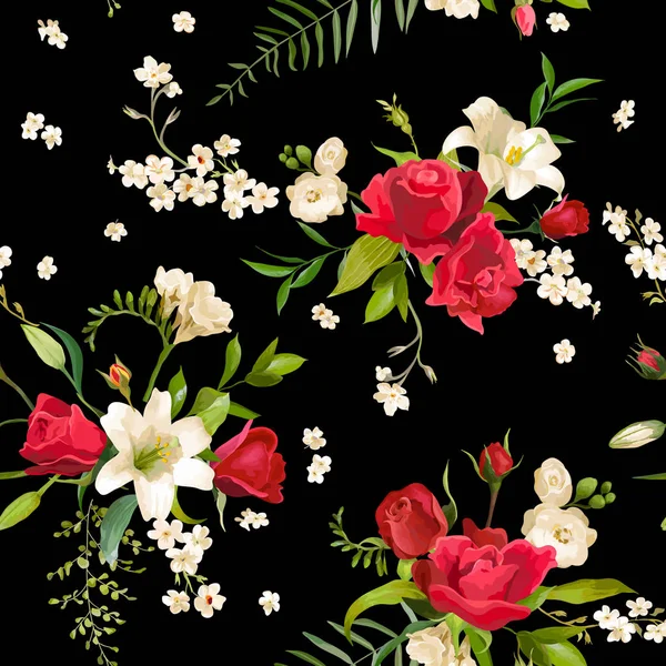 Винтажная Роза и Лили Флауэрс. Весенний и летний бесшовный рисунок в векторе — стоковый вектор