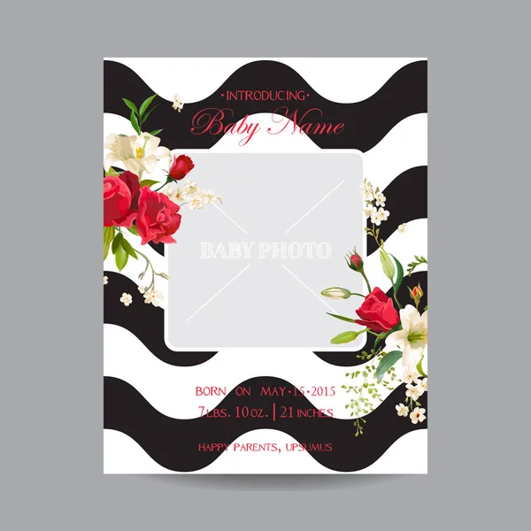 Tarjeta de llegada del bebé con marco de fotos. Tema Vintage Rose y Lily Floral en Vector — Archivo Imágenes Vectoriales