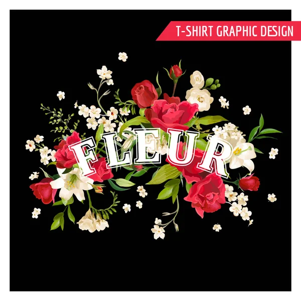 Floral τριαντάφυλλο και κρίνο Graphic Design για t-shirt, μόδα, εκτυπώσεις σε διάνυσμα — Διανυσματικό Αρχείο