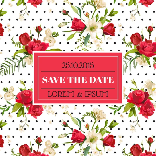 Guarde la fecha de invitación a la boda o tarjeta de felicitación. Tema Vintage Rose y Lily Floral en Vector — Archivo Imágenes Vectoriales