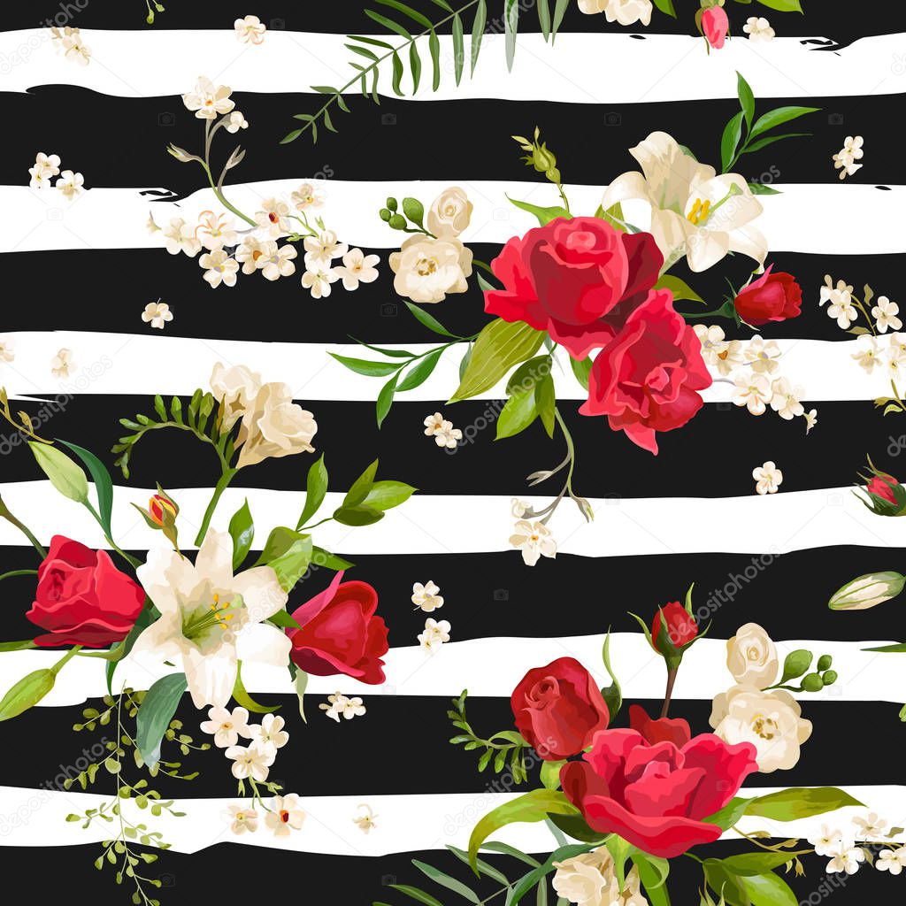 Vintage Rose and Lily Flowers Stripes Background. Spring and Summer Seamless Pattern in Vector
