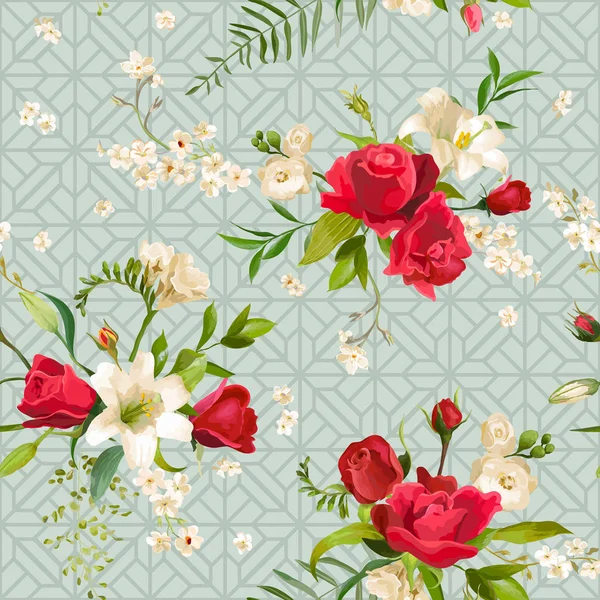 Vintage Rose et Lys Fleurs Arrière-plan. Modèle sans couture de printemps et d'été dans le vecteur — Image vectorielle