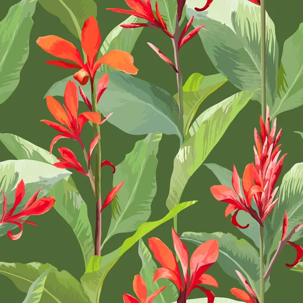 熱帯の葉と花の背景。ベクターのシームレス パターン — ストックベクタ