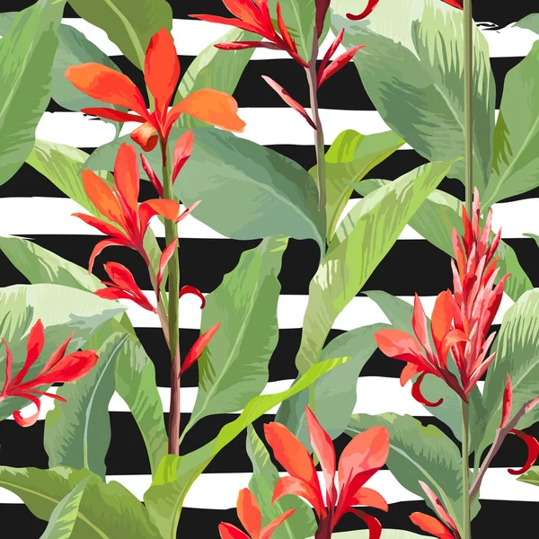 Fondo de hojas y flores tropicales. Patrón sin costura en Vector — Vector de stock