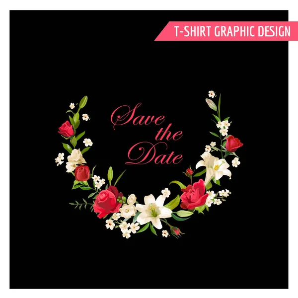 Vintage květinovým grafický Design. Letní růže a květiny lilie pro trička, móda, tiskne. v vektor — Stockový vektor