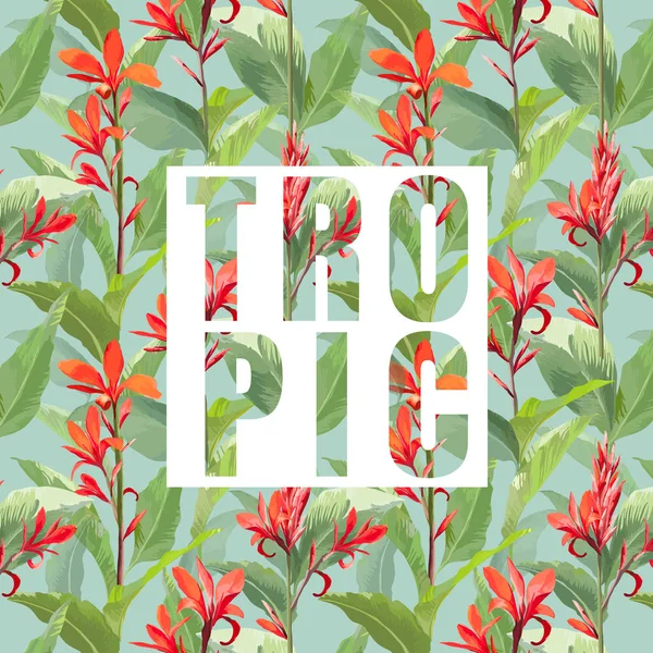 Tropical Flowers and Leaves Exotic Background (en inglés). Vector Banner. Camiseta Diseño Gráfico — Archivo Imágenes Vectoriales