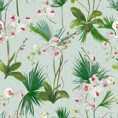 Tropikal palmiye yaprakları ve orkide çiçekleri arka plan. Dikişsiz desen vektör