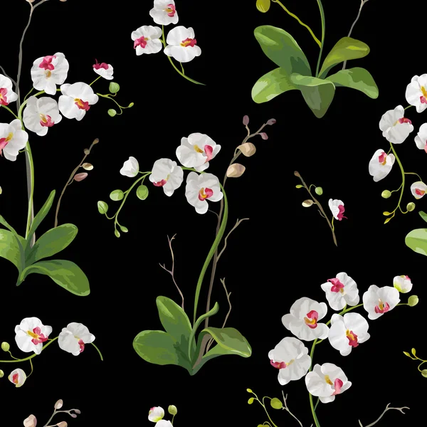 熱帯蘭の葉と花の背景。ベクターのシームレス パターン — ストックベクタ