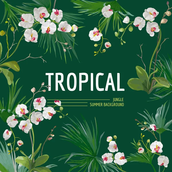 Folhas de palmeiras tropicais e flores de orquídeas Fundo. Projeto gráfico de t-shirt em Vector — Vetor de Stock