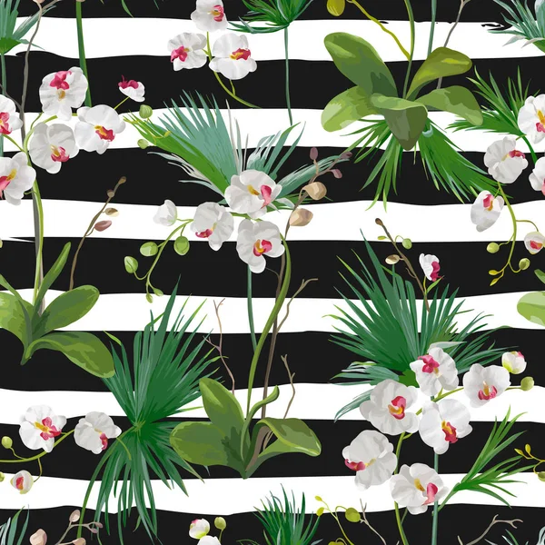 Foglie tropicali della palma e sfondo dei fiori del Orchid. Modello senza cuciture in vettoriale — Vettoriale Stock