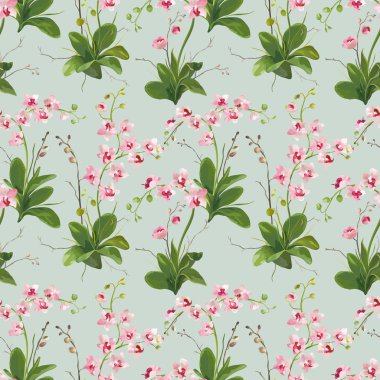 Orkide tropikal yaprak ve çiçek arka plan. Dikişsiz desen vektör