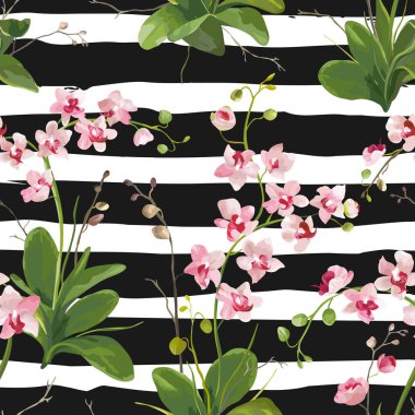 Orkide tropikal yaprak ve çiçek arka plan. Dikişsiz desen vektör