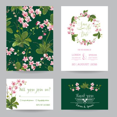 Tarihi kartı kümesini kaydedin. Tropikal orkide çiçekleri ve yaprakları davet düğün. Vektör