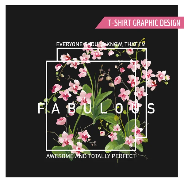 Tropical Orchid Flowers Background. Graphic T-shirt Design in Vector — Stock Vector