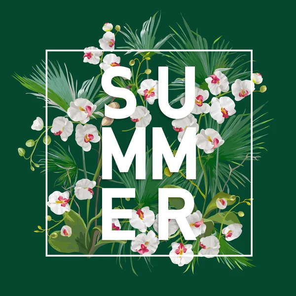 Folhas de palmeiras tropicais e flores de orquídeas Fundo de verão. Design de Banner Gráfico em Vetor — Vetor de Stock