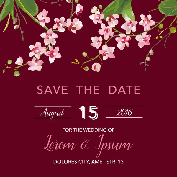 Guarde la tarjeta de fecha. Tropical Orchid Flowers and Leaves Wedding Invitation (en inglés). Vector — Archivo Imágenes Vectoriales