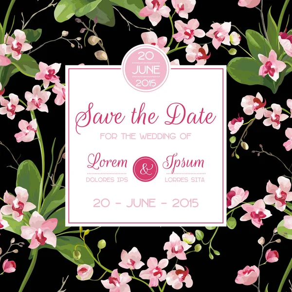 Guarde la tarjeta de fecha. Tropical Orchid Flowers and Leaves Wedding Invitation (en inglés). Vector — Archivo Imágenes Vectoriales