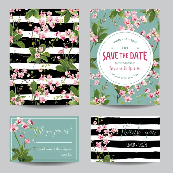 Speichern Sie das Datumskartenset. tropische Orchideenblüten und Blätter Hochzeitseinladung. Vektor — Stockvektor