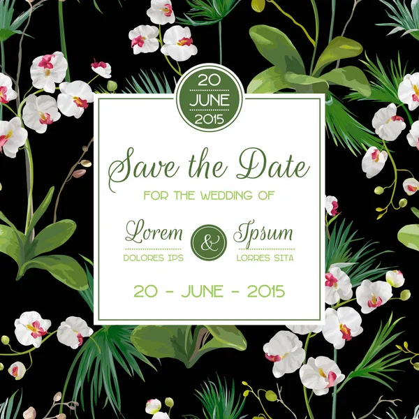 Guarde la tarjeta de fecha. Tropical Orchid Flowers and Leaves Wedding Invitation (en inglés). Vector — Archivo Imágenes Vectoriales