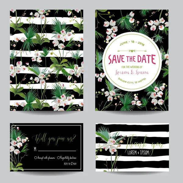 Spara datumet-kort uppsättningen. Tropisk orkidé blommor och blad bröllop inbjudan. Vektor — Stock vektor