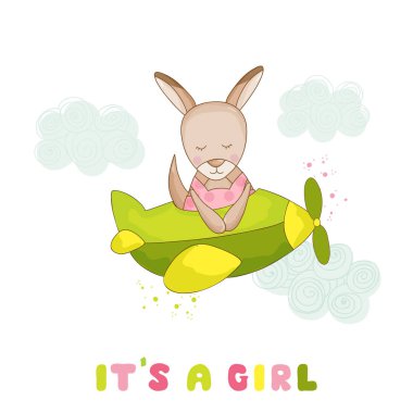 Bebek duş veya varış kartı - bebek kız kanguru uçan bir uçak - vektör