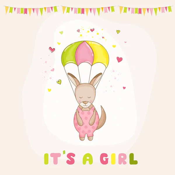Chuveiro de bebê ou cartão de chegada - Baby Girl Canguru Voando com um paraquedas - em vetor — Vetor de Stock