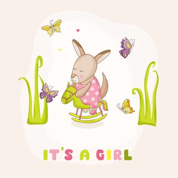 Baby Girl Canguro a caballo - Baby Shower o tarjeta de llegada - en vector — Vector de stock
