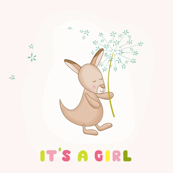 Baby flicka Kangaroo Holding blomma - babyshower eller ankomstkortet - i vektor — Stock vektor