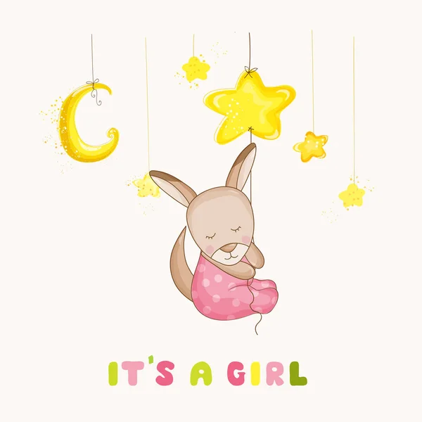 Baby Girl Kangaroo Sleeping on a Star - Baby Shower or Arrival Card - in vector — Stock Vector