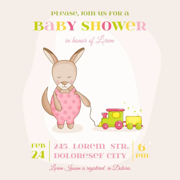 Baby Girl Canguro con un treno - Baby Shower o Arrival Card - in vettore — Vettoriale Stock