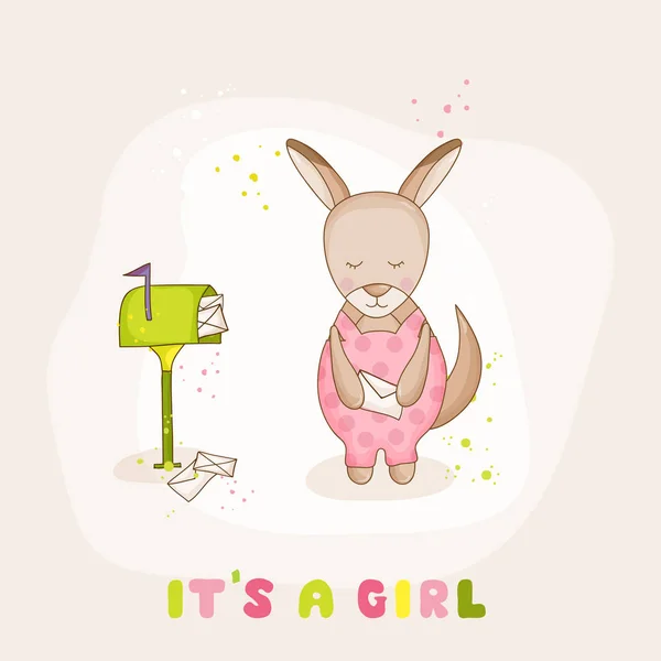 Baby Girl Kangaroo with Mail - Baby Shower or Arrival Card - in vector — Stock Vector