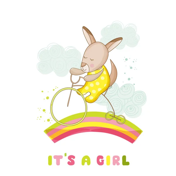 Bebek duş veya varış kartı - bisikletli kız kanguru bebek - vektör — Stok Vektör