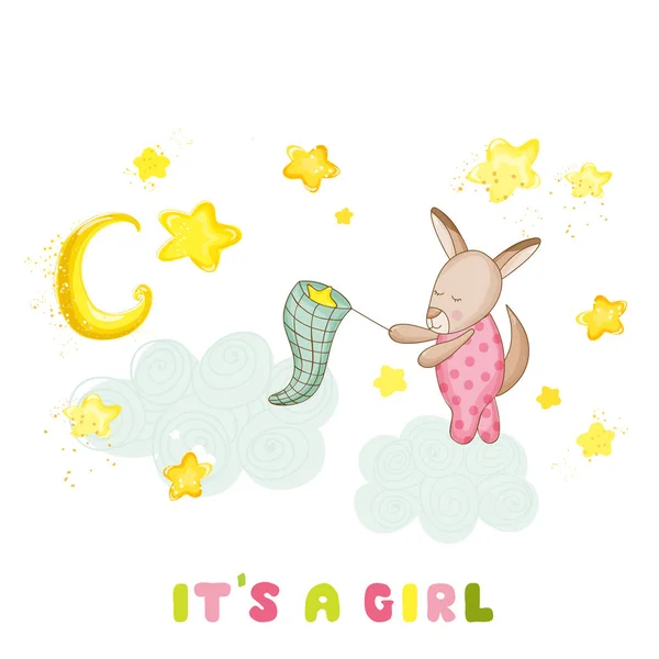 Chuveiro de bebê ou cartão de chegada - Baby Girl Canguru Catching Stars - no vetor — Vetor de Stock