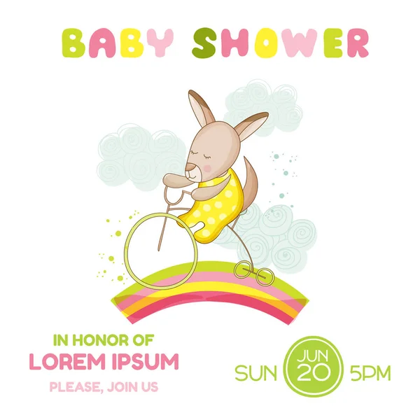Bebek duş veya varış kartı - bisikletli kız kanguru bebek - vektör — Stok Vektör