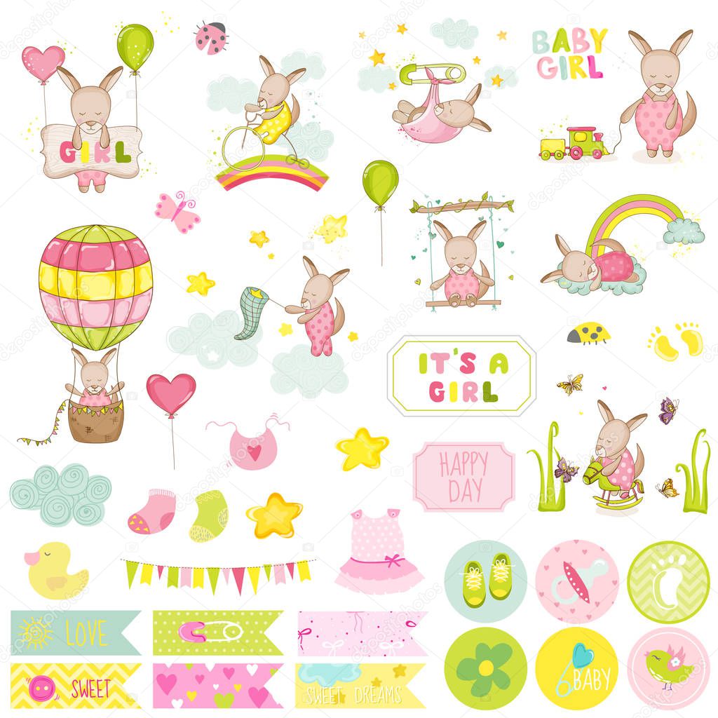 Baby Girl Kangaroo Scrapbook Set. Vector Scrapbooking, Decorative Elements, Tags, Labels, Stickers, Notes