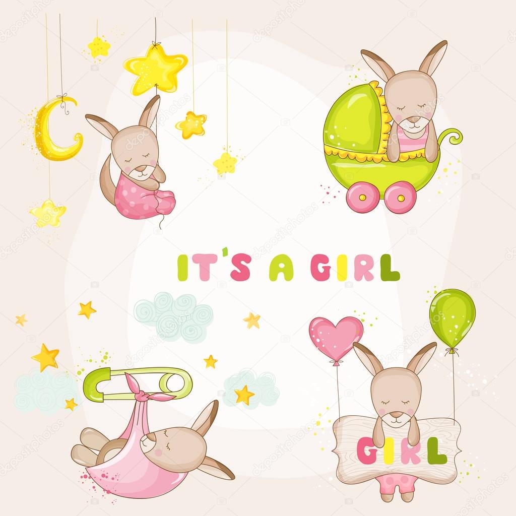 Baby Girl Kangaroo Set - for Baby Shower or Baby Arrival Cards - in vector