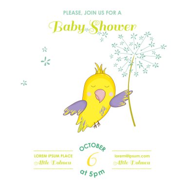 Sevimli papağan bir çiçek ile uçan. Bebek duş veya varış kartı vektör