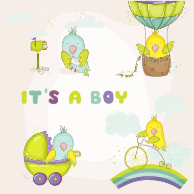 Bebek duş veya bebek varış kartları vektör yeni doğan şirin papağan ayarla