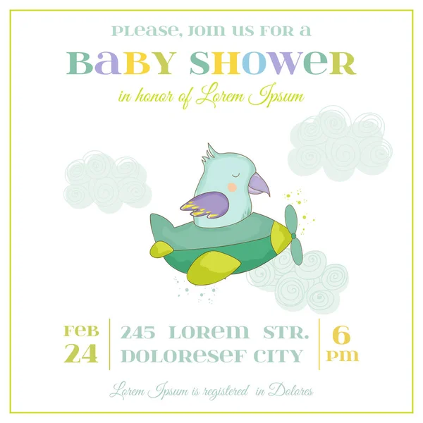 Baby Shower lub przyjazdu Card. Cute Parrot lotu samolotem w wektor — Wektor stockowy