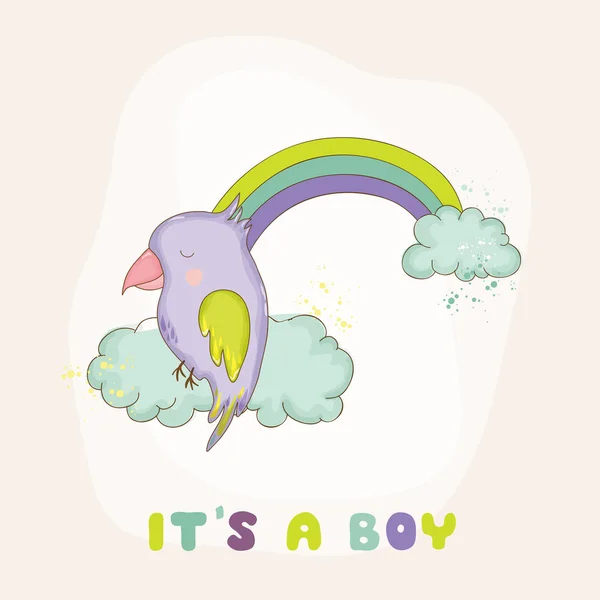 Leuke papegaai op een regenboog. Babydouche of aankomst kaart in vector — Stockvector