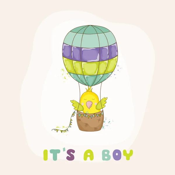 Sevimli papağan hava balonunda uçan. Bebek duş veya varış kartı vektör — Stok Vektör