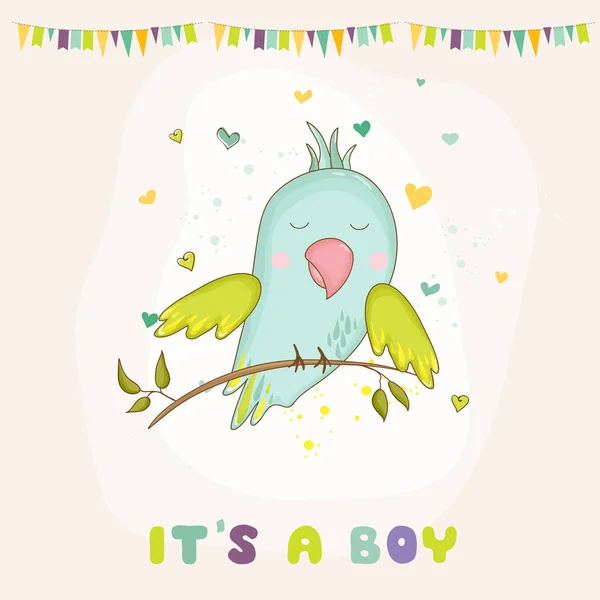 Baby Shower or Arrival Card. Cute Parrot Boy Sitting on a Brunch in vector — Stock Vector